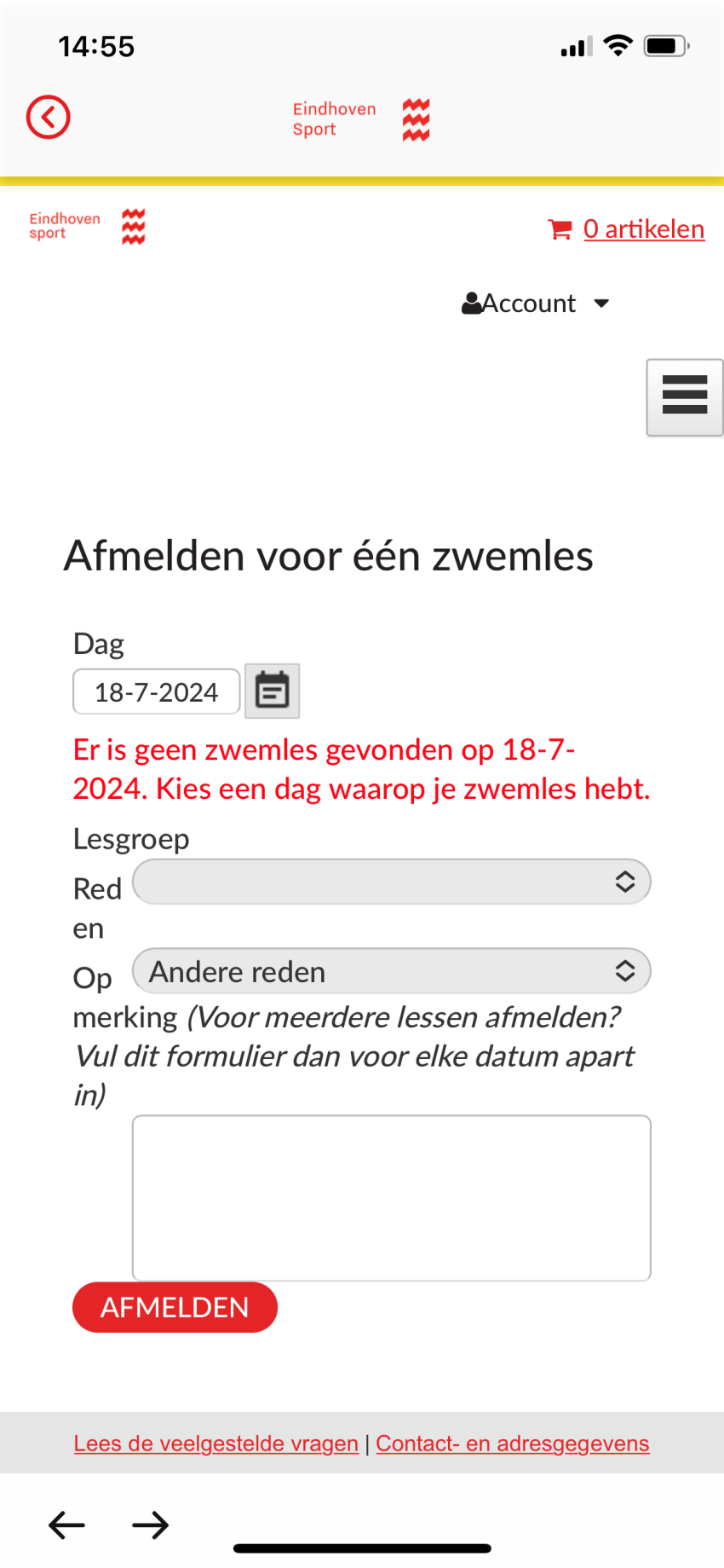 Screenshot afmelden zwemles via ZwemApp