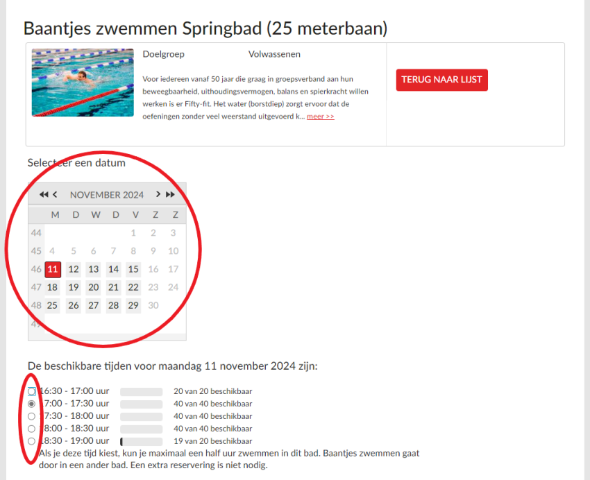 In het scherm van het bad selecteer je een datum in de kalender en je kiest een beschikbare tijd onderin met selectievakjes, klik voor een vergroting