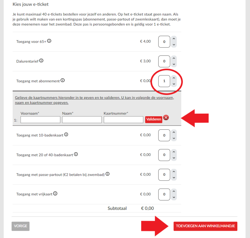 Je kiest je e-ticket door het aantal bij het juiste toegangskaartje te verhogen, de gegevens in te vullen en op valideren te klikken, daarna op toevoegen aan winkelmandje, klik voor een vergroting