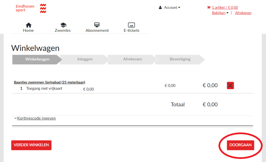 Je controleert je winkelmandje en klikt op de rode knop Doorgaan rechtsonderin, klik voor een vergroting