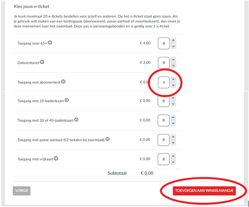 Je kiest je e-ticket door het aantal aan de rechterkant te wijzigen, door invoeren van het getal of met de pijltjes, klik voor een vergroting