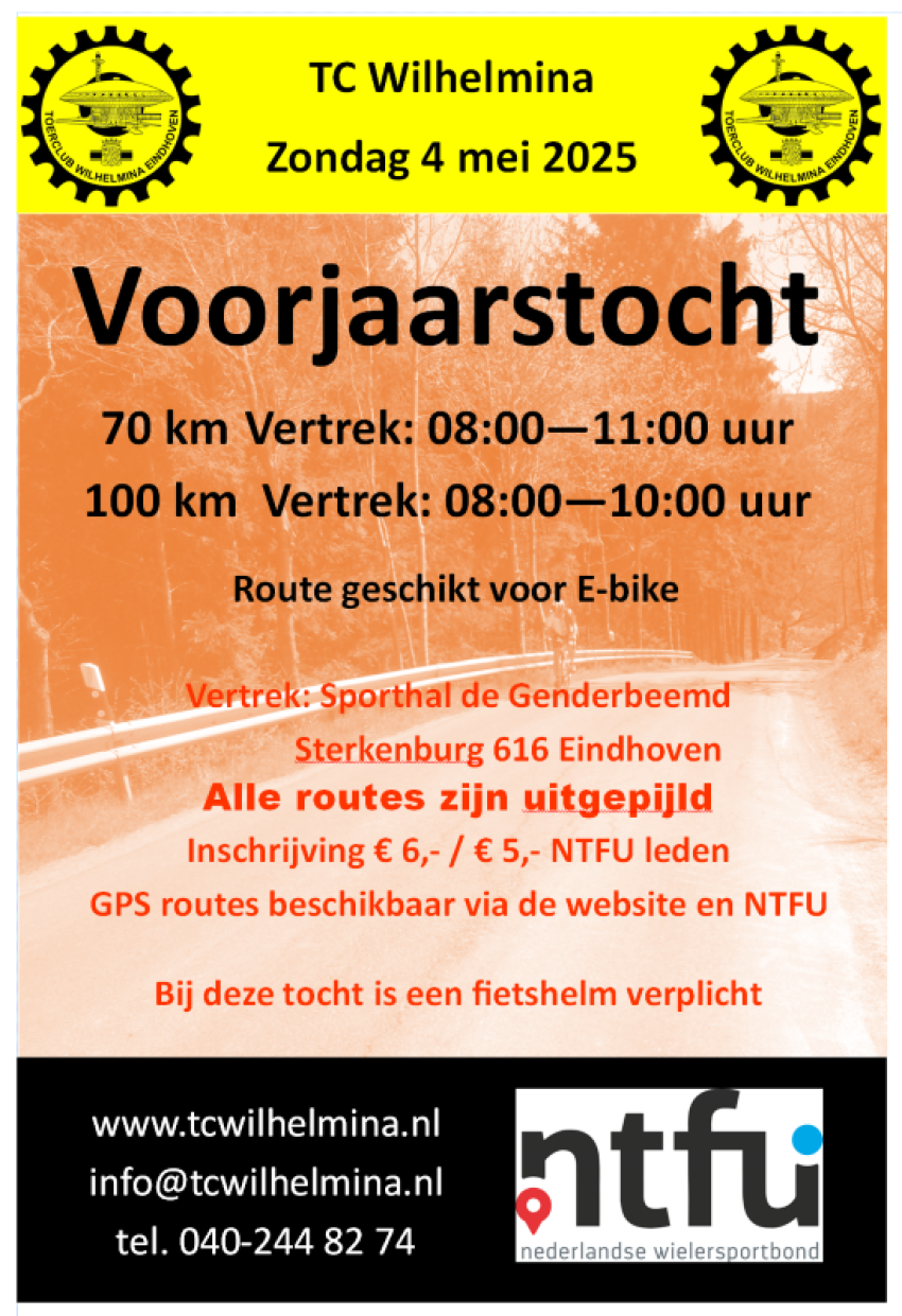 flyer met informatie over  voorjaarstocht toerclub wilhelmina 2025, klik voor een vergroting